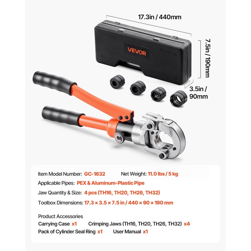 Hydraulinen putkipuristin PEX ja alumiinimuoviputkille 4 vaihdettavaa leukaa TH16 TH20 TH26 TH32