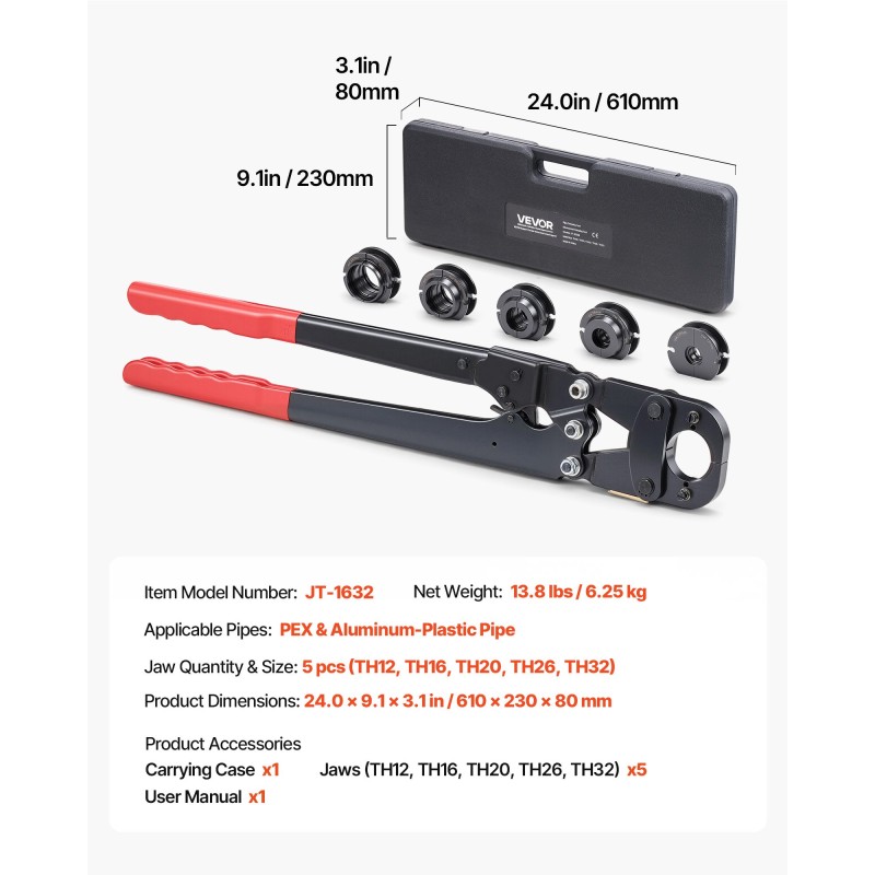 Putkien puristustyökalu PEX- ja alumiinimuoviputkille viisi vaihdettavaa leukaa