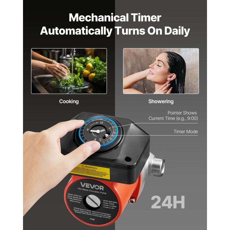 Käyttövesikiertopumppu ruostumattomalla pumppupäällä mekaanisella ajastimella lämminvesivaraajan lähtöön