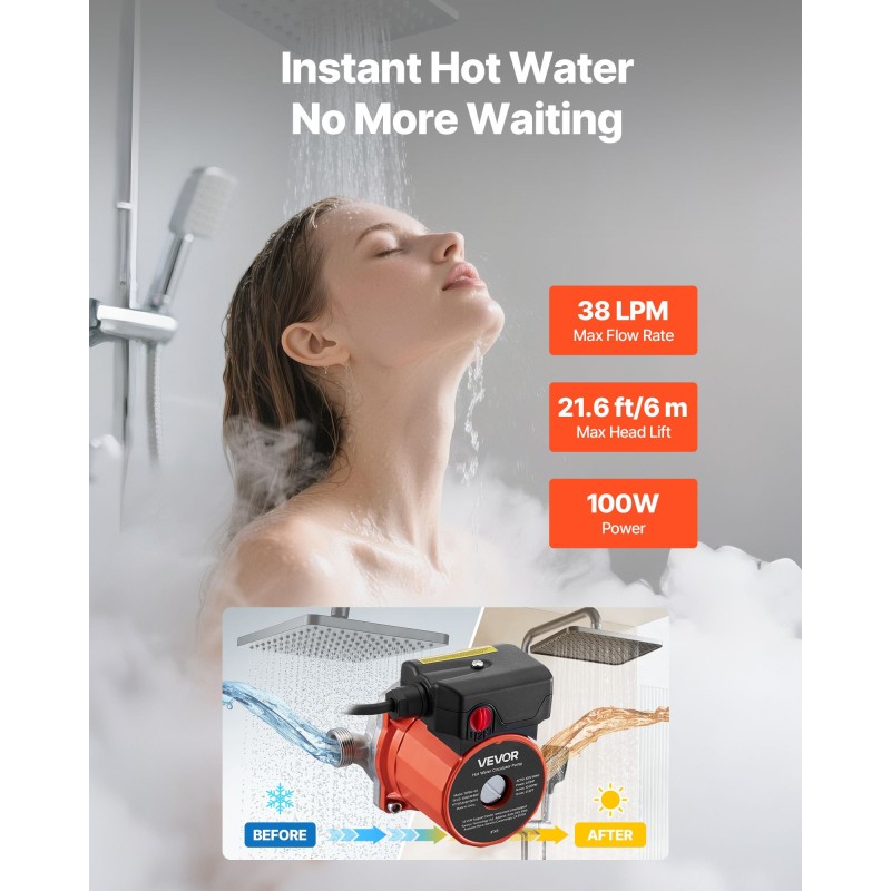 Lämminvesikiertopumppu 3-portainen ruostumaton teräspumppupää 38 l/min kotitalouksiin