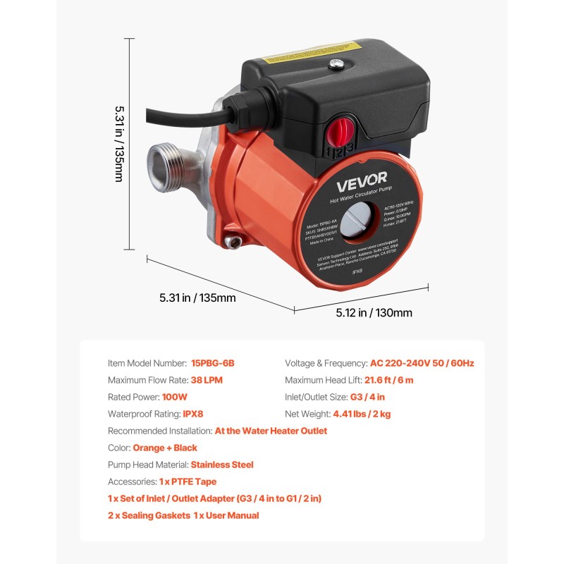 Lämminvesikiertopumppu 3-portainen ruostumaton teräspumppupää 38 l/min kotitalouksiin