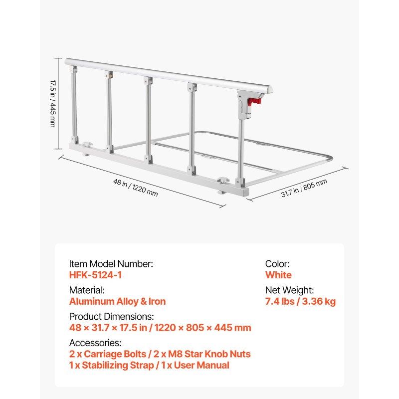 Taittuva sängynlaita 122 cm alumiiniseos ja rauta korkeussäädettävä ikäihmisille