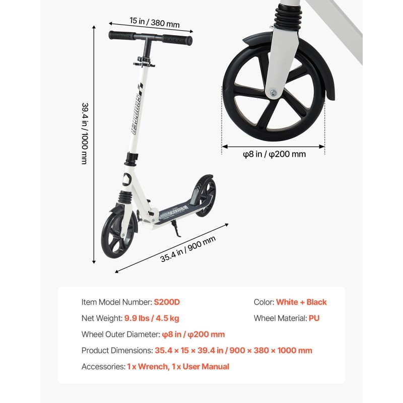 Taitettava potkulauta säädettävällä ohjaustangolla polyuretaanirenkaat 200 mm liukumaton astinlauta enintään 99,8 kg