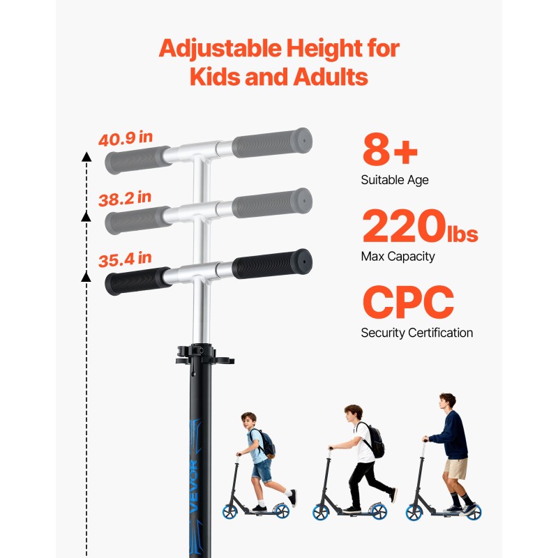 kaksipyöräinen potkulauta säädettävä ohjaustanko taittuva runko PU-pyörät enintään 99.8 kg kantavuus sininen