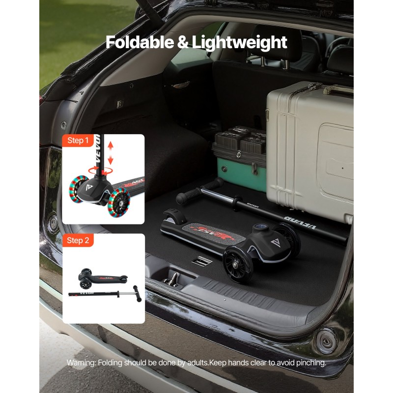 Kolmipyöräinen potkulauta lapsille alumiiniseosrunko säädettävä ohjaustanko paristottomat valopyörät leveä liukuestepinta musta