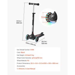 Kolmipyöräinen potkulauta lapsille alumiiniseosrunko säädettävä ohjaustanko paristottomat valopyörät leveä liukuestepinta musta