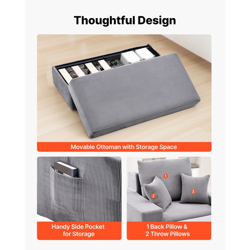 Luuton moduulimainen vakosamettiverhoiltu lepotuoli harmaa käsinojilla ja tyynyillä