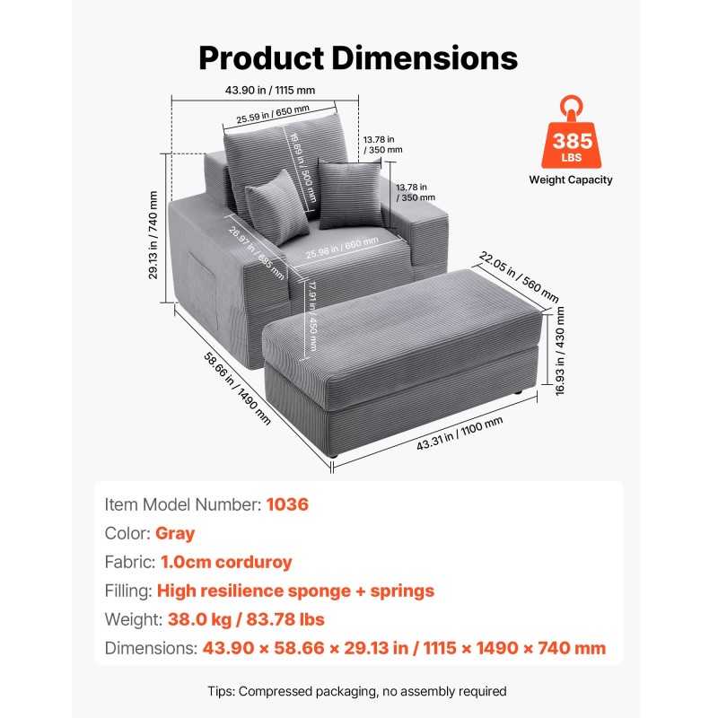 Luuton moduulimainen vakosamettiverhoiltu lepotuoli harmaa käsinojilla ja tyynyillä