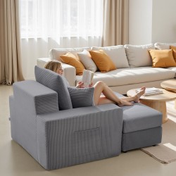 Luuton moduulimainen vakosamettiverhoiltu lepotuoli harmaa käsinojilla ja tyynyillä