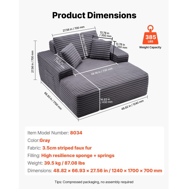 Chaiselongue lepotuoli harmaa raidallinen tekoturkispäällinen 1240×1700×700 mm korkeajoustoinen vaahto