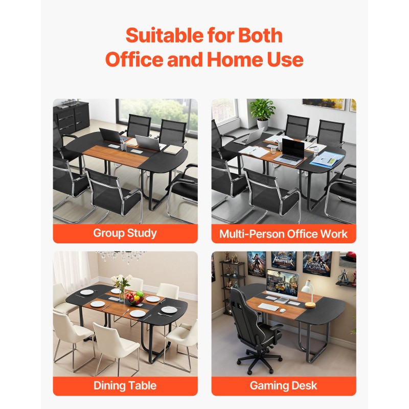 Ovaali neuvottelupöytä 1800 mm 6–8 henkilölle ruskea puukuosi mustat metallijalat kaapelinhallinta