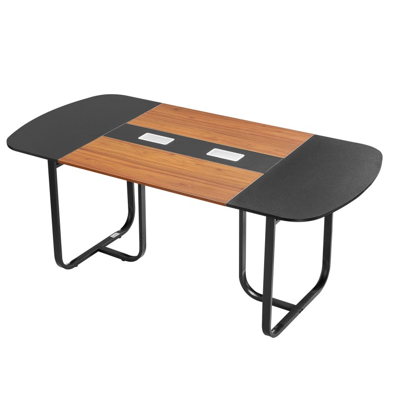 Ovaali neuvottelupöytä 1800 mm 6–8 henkilölle ruskea puukuosi mustat metallijalat kaapelinhallinta