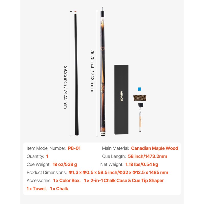 Biljardikeppi ammattitason 58 tuumaa kanadalainen vaahterapuu kaksiosainen
