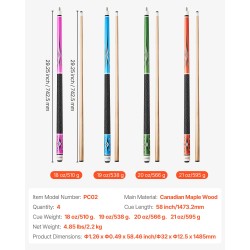 Biljardikeppisetti 4 kappaletta kanadalainen vaahterapuu 58 tuumaa kaksiosainen mattapinta