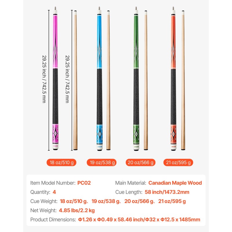Biljardikeppisetti 4 kappaletta kanadalainen vaahterapuu 58 tuumaa kaksiosainen mattapinta