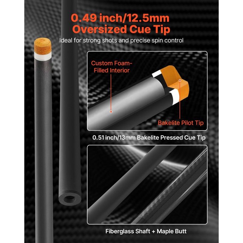 Biljardikeppi hiilikuituinen 58-tuumainen kaksiosainen mattapintainen ruostumaton teräsliitos
