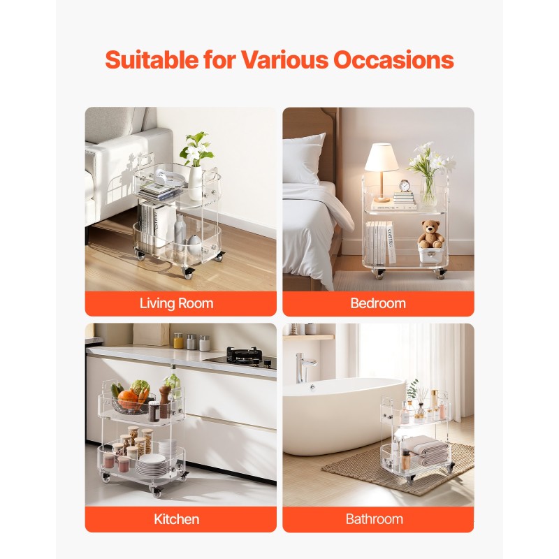 Apupöytä akryylinen 2-tasoinen läpinäkyvä jarrullisilla pyörillä 30,5x41,6x48 cm