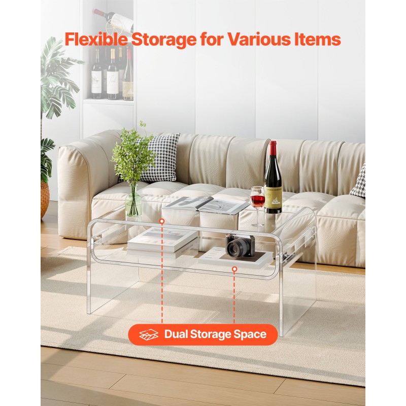 Sohvapöytä akryylinen kaksitasoinen suorakulmainen 50 x 80 x 38 cm läpinäkyvä