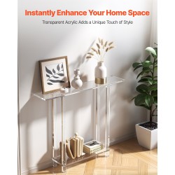 Konsolipöytä akryyli läpinäkyvä kapea kaksitasoinen 100 cm leveä avoin säilytys