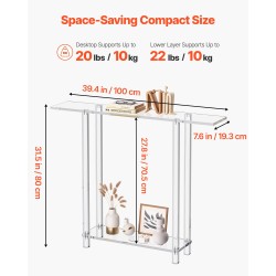 Konsolipöytä akryyli läpinäkyvä kapea kaksitasoinen 100 cm leveä avoin säilytys