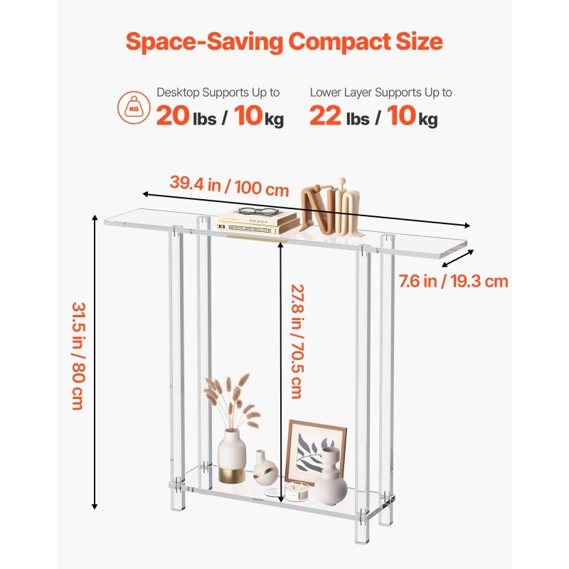 Konsolipöytä akryyli läpinäkyvä kapea kaksitasoinen 100 cm leveä avoin säilytys