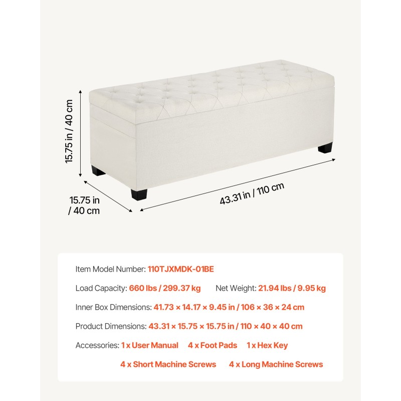 Säilytyspenkki monikäyttöinen metallirunko pellavatyylinen verhoilu beige 110 x 40 x 40 cm