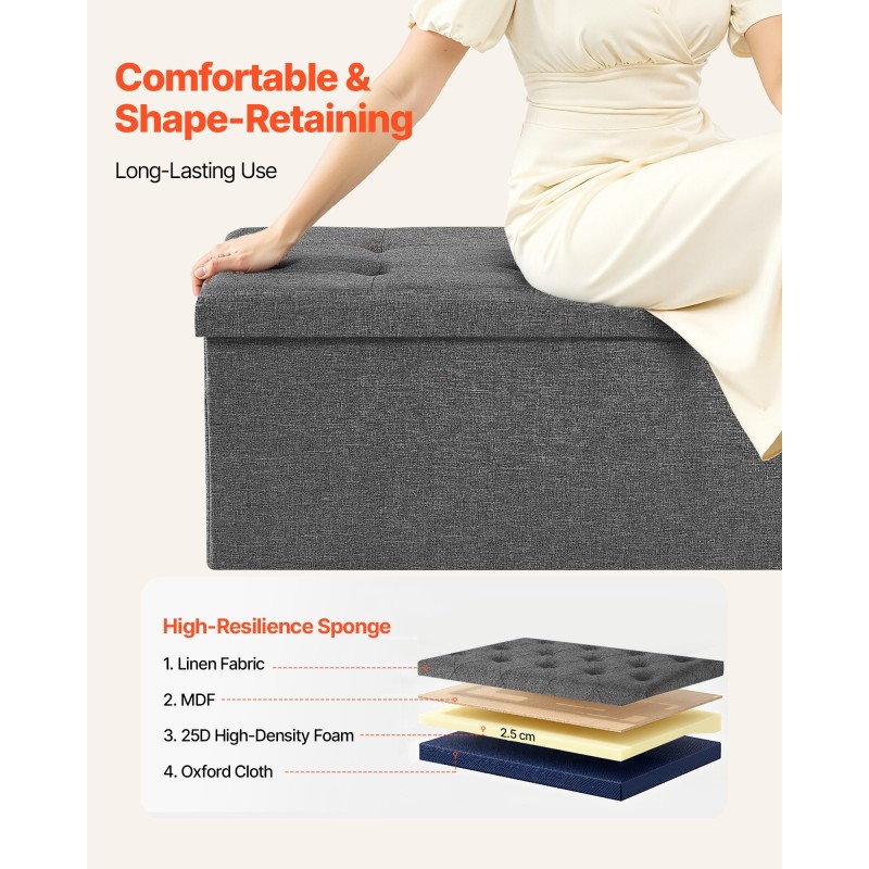 Säilytysrahi verhoiltu pellavamainen kangas taitettava 110 cm harmaa kääntyvä kansi