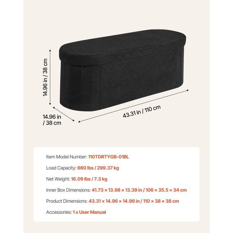 Taitettava säilytyspenkki teddy-verhoilu tilava säilytystila 1100 x 380 x 380 mm