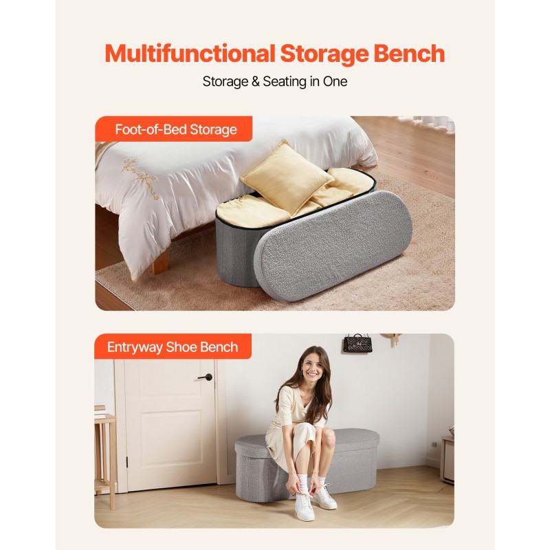 Taitettava säilytyspenkki teddyfleece-verhoilu 1100x380x380 mm harmaa istuin ja säilytystila