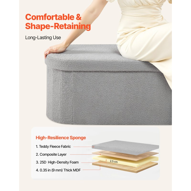 Taitettava säilytyspenkki teddyfleece-verhoilu 1100x380x380 mm harmaa istuin ja säilytystila