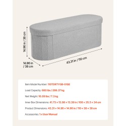 Taitettava säilytyspenkki teddyfleece-verhoilu 1100x380x380 mm harmaa istuin ja säilytystila