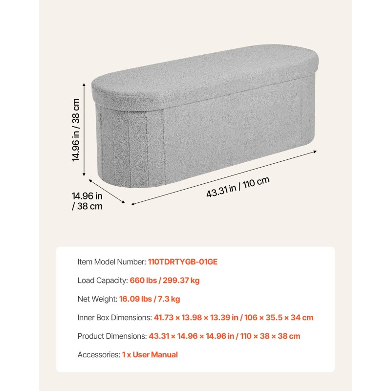 Taitettava säilytyspenkki teddyfleece-verhoilu 1100x380x380 mm harmaa istuin ja säilytystila