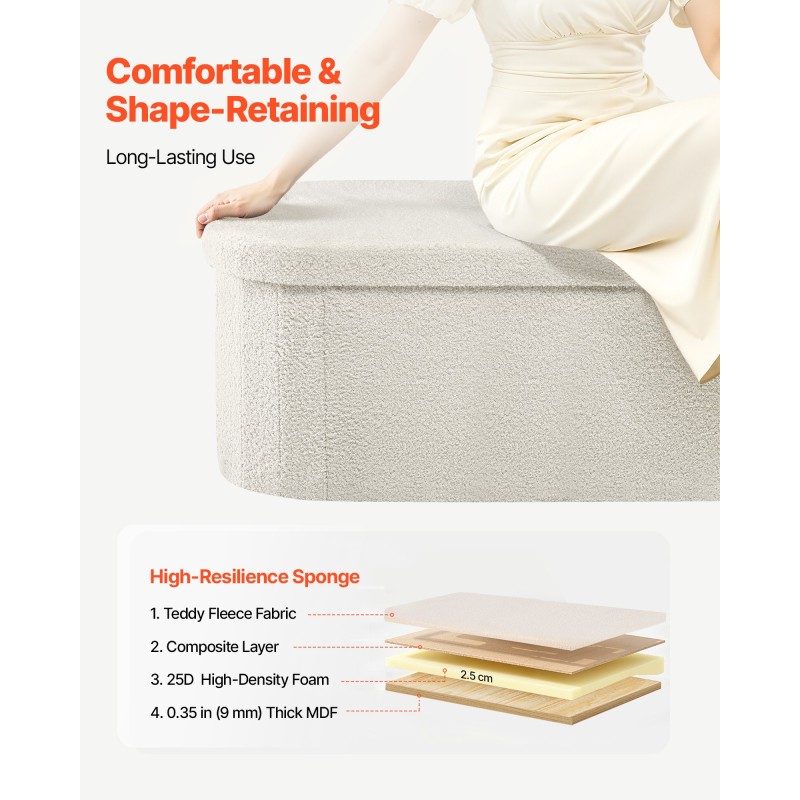 Kokoontaitettava pehmustettu säilytysrahi beige 110 x 38 x 38 cm