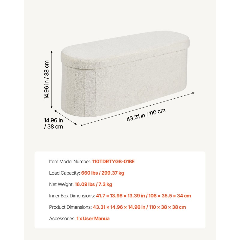 Kokoontaitettava pehmustettu säilytysrahi beige 110 x 38 x 38 cm