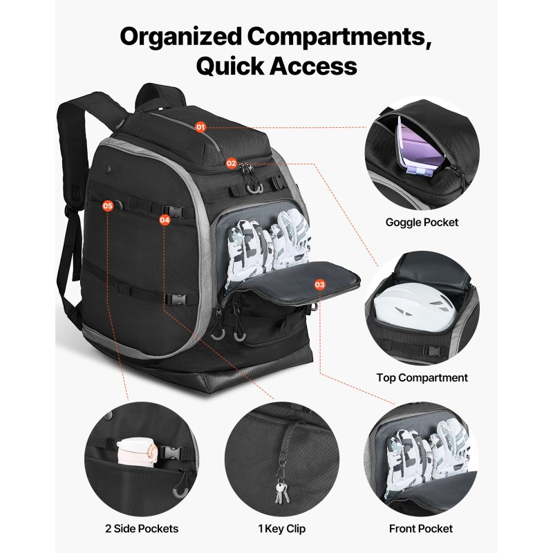 Laskettelumonolaukku 70L 1680D Oxford-kangas vedenpitävä musta EVA-pehmustettu selkäpaneeli