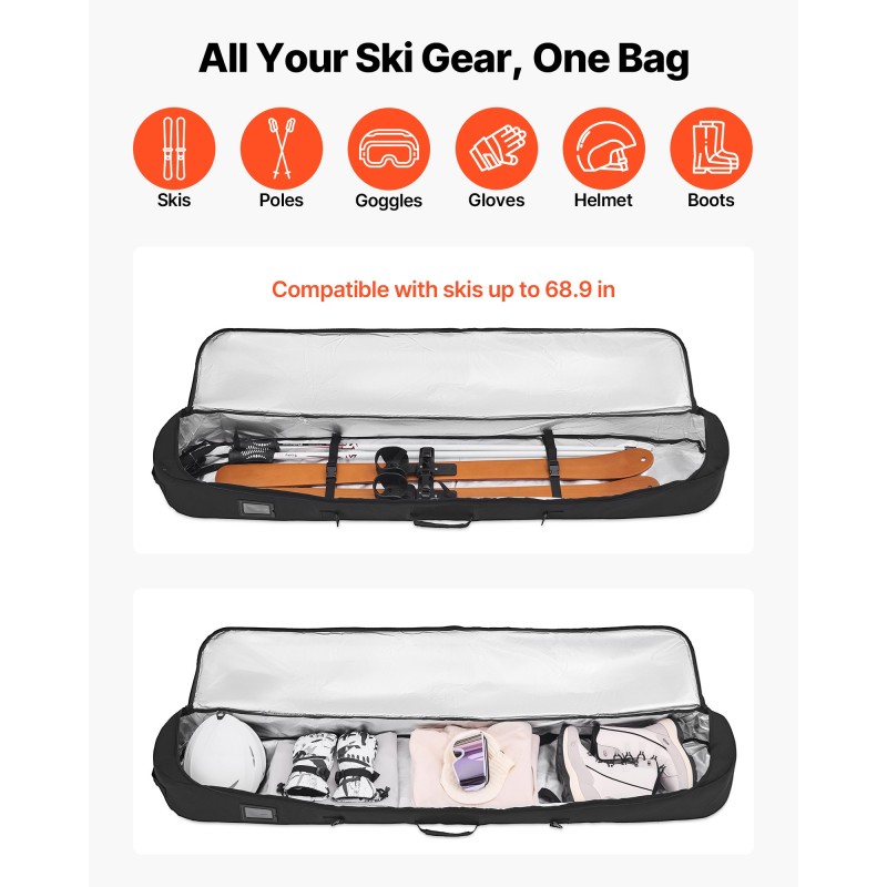 Pehmustettu laskettelulaukku 600D vedenpitävä oxford-kangas 165 cm suksille ja lumilaudalle musta