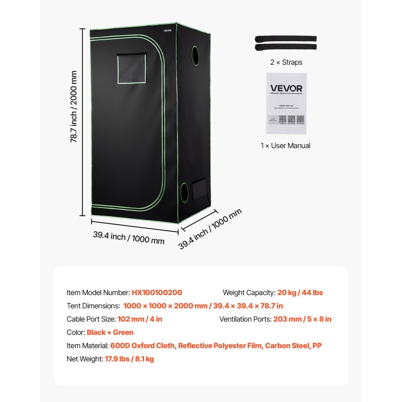 Sisäkasviteltta teräsrunko 600D Oxford-kangas heijastava polyesterikalvo 100x100x200 cm sisäkasvatukseen