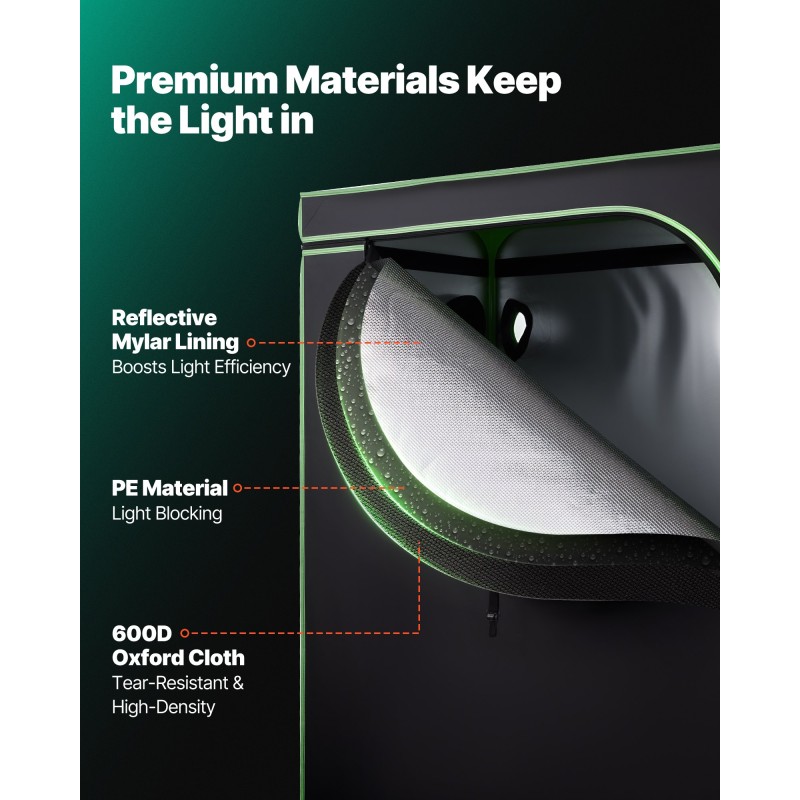 Sisäkasviteltta 600D mylar-pinnoitettu kangas 120 x 60 x 180 cm metallirunkoinen valotiivis