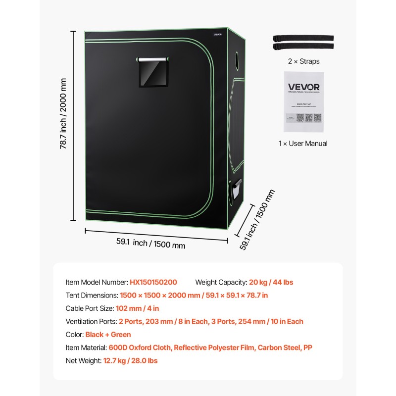 Kasviteltta sisäkäyttöön 1500x1500x2000 mm 600D Oxford-kangas heijastava polyesterikalvo LED-kasvivalolla