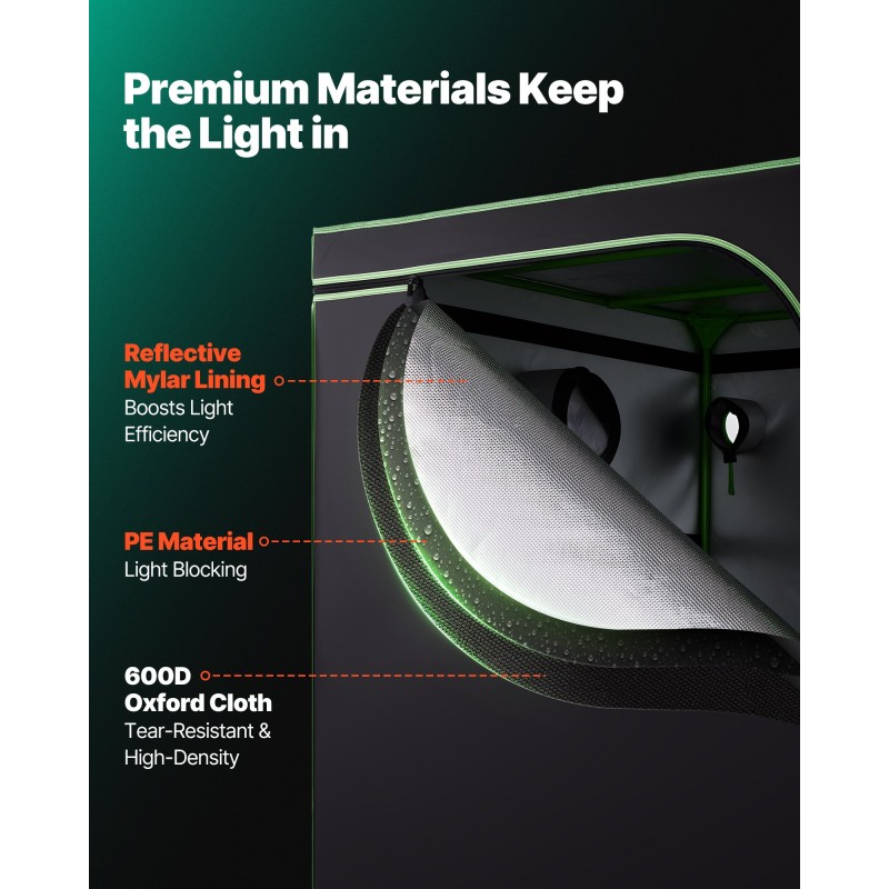 Kasviteltta sisäkäyttöön 600D kangas 120 x 120 x 200 cm heijastava sisäpinta