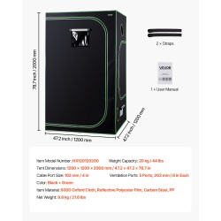 Kasviteltta sisäkäyttöön 600D kangas 120 x 120 x 200 cm heijastava sisäpinta