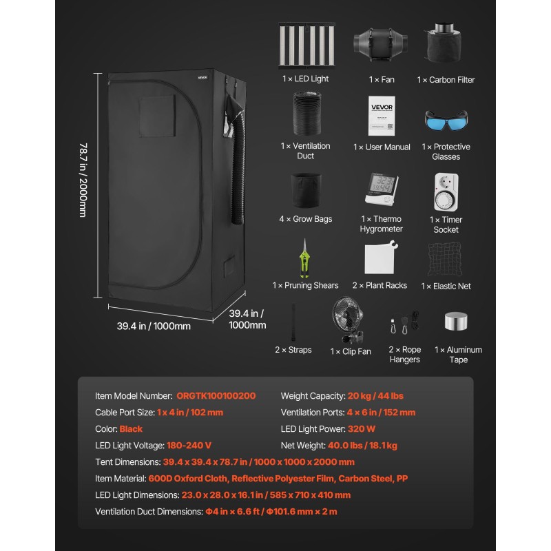 Kasviteltta 100x100x200 cm 600D Oxford-kankaalla täyden spektrin LEDillä ja ilmanvaihdolla
