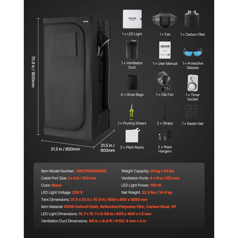 Kasvatuskaappi sisäkäyttöön 600D-kankainen 800×800×1800 mm täysspektrivalo 150 wattia