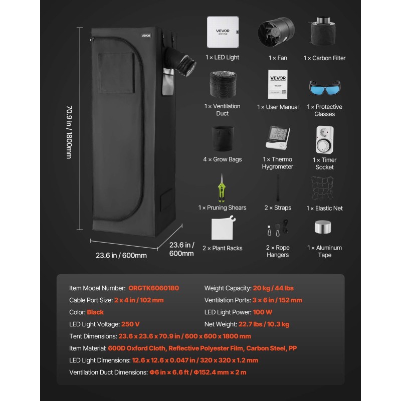 Kasviteltta 600D 60x60x180 cm sisäkäyttöön 100 W täysspektri LED