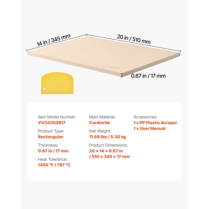 Pizzakivi cordieriittinen suorakulmainen 508×355 mm 17 mm uuniin ja grilliin