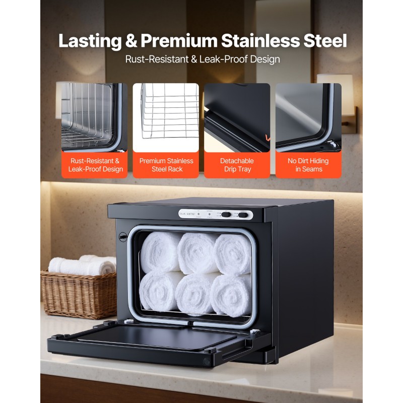 Kuumapyyhekaappi kahdeksan litraa ruostumaton terästeline höyrydesinfiointi kaksitoista pyyhettä musta