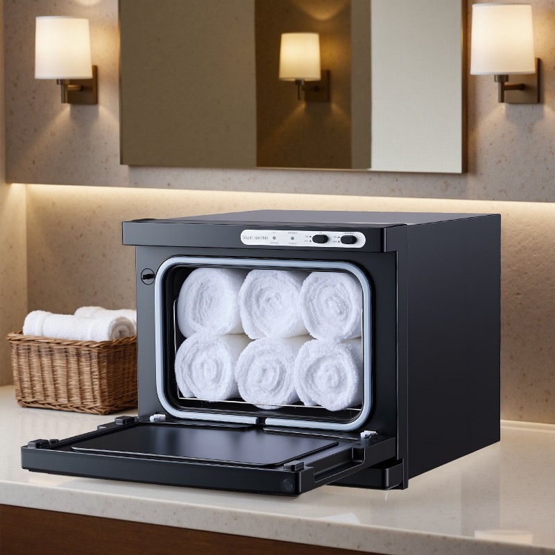 Kuumapyyhekaappi kahdeksan litraa ruostumaton terästeline höyrydesinfiointi kaksitoista pyyhettä musta