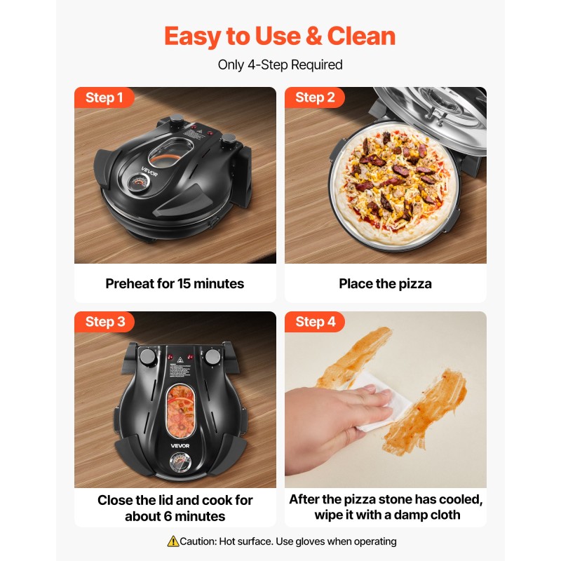 Sähköinen pöytäpizzauuni 1200 wattia musta 305 millimetrin kordieriittikivi