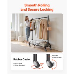 Vaateräkki hiiliteräsrungolla yhdellä ripustustangolla ja sivukoukuilla neljä pyörää joista kaksi jarrullista