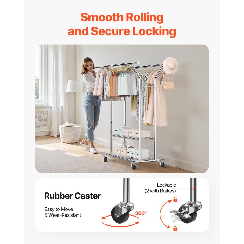 Vaateteline hiiliteräksinen säädettävä kahdella ripustustangolla kahdella hyllyllä pyörillä